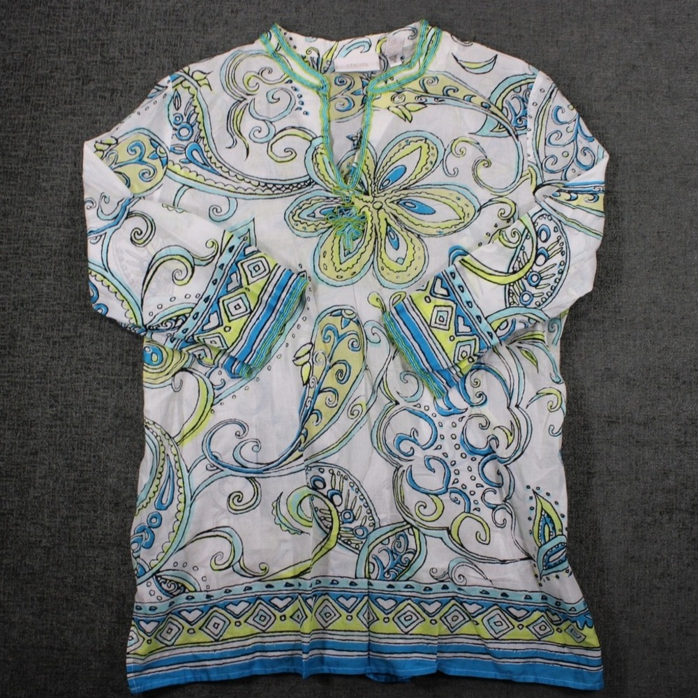 Chicos Beaded Paisley Tunic Top Blue Green White Split Neck 3/4 Sleeve Size 2
